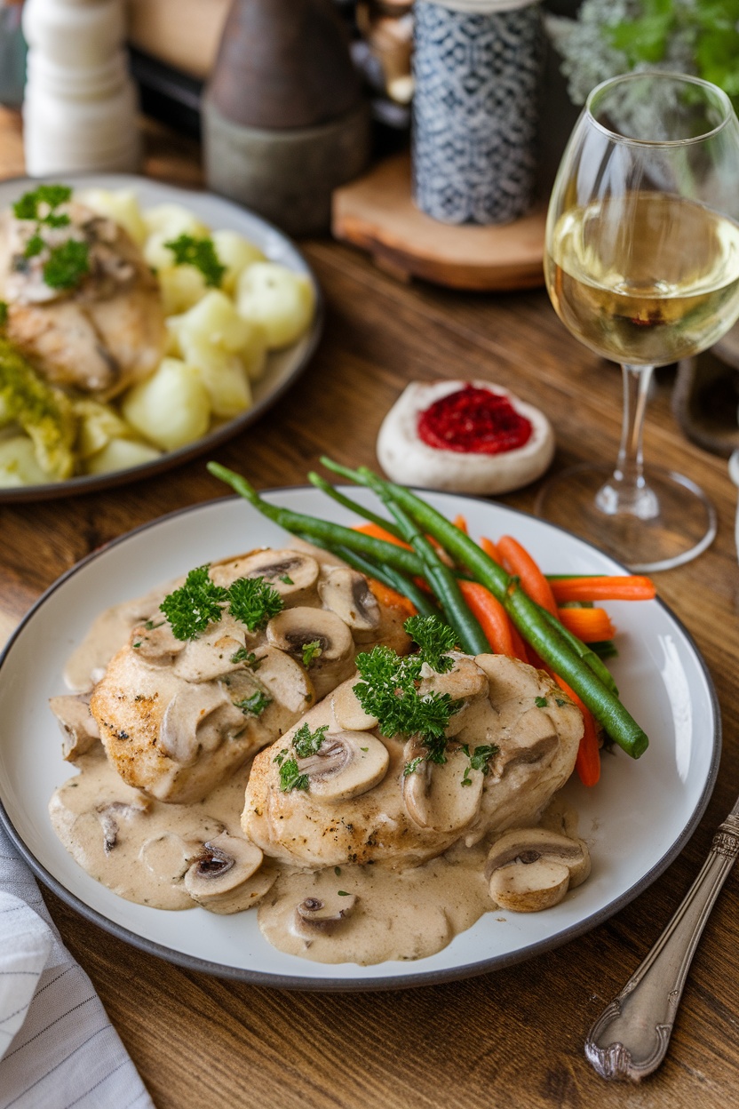 Creamy garlic mushroom chicken with mushroom sauce, garnished with parsley, served with vegetables on a rustic table.